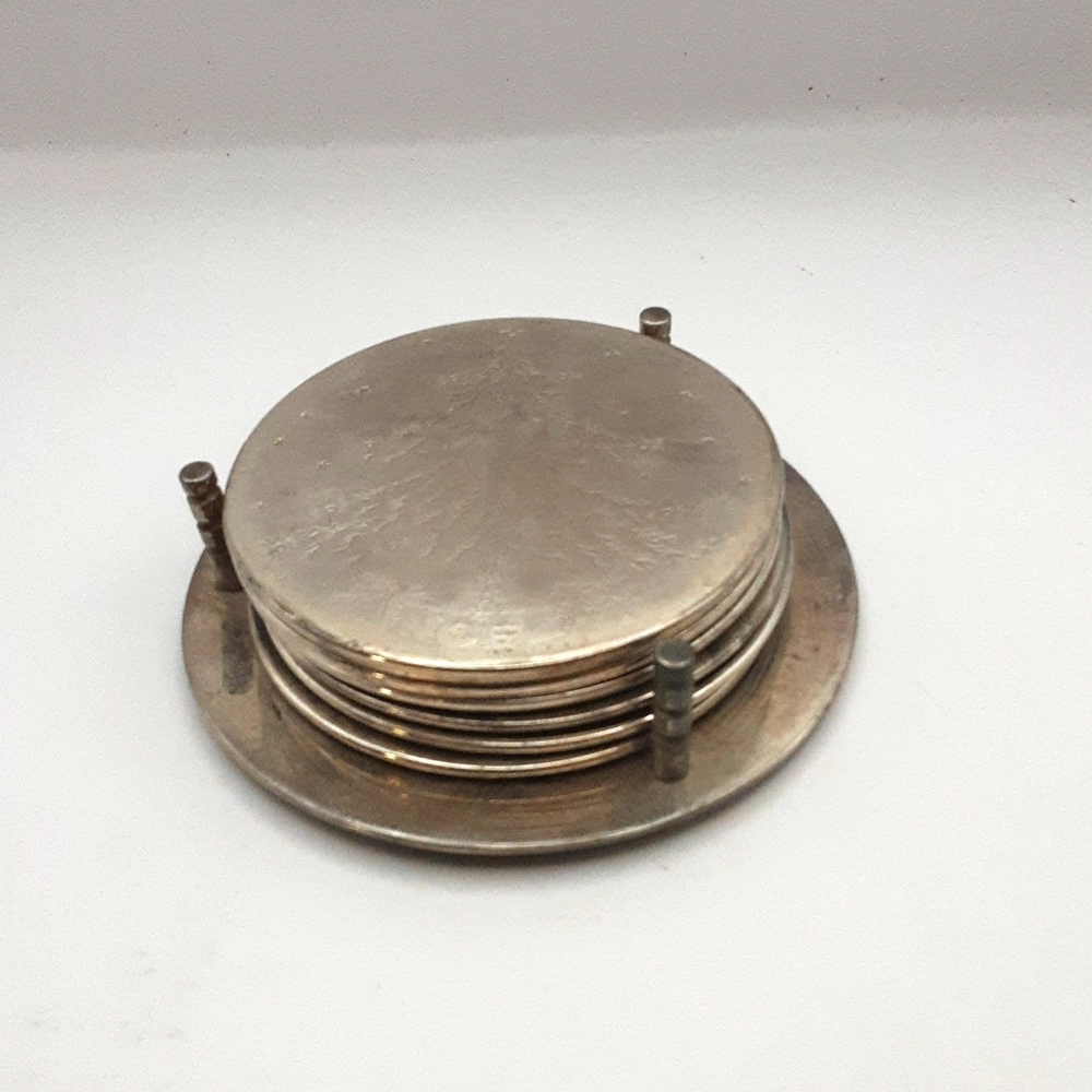 Vintage Silver Plated Christmas Tree "Noel" 6 Coaster Set & Stand